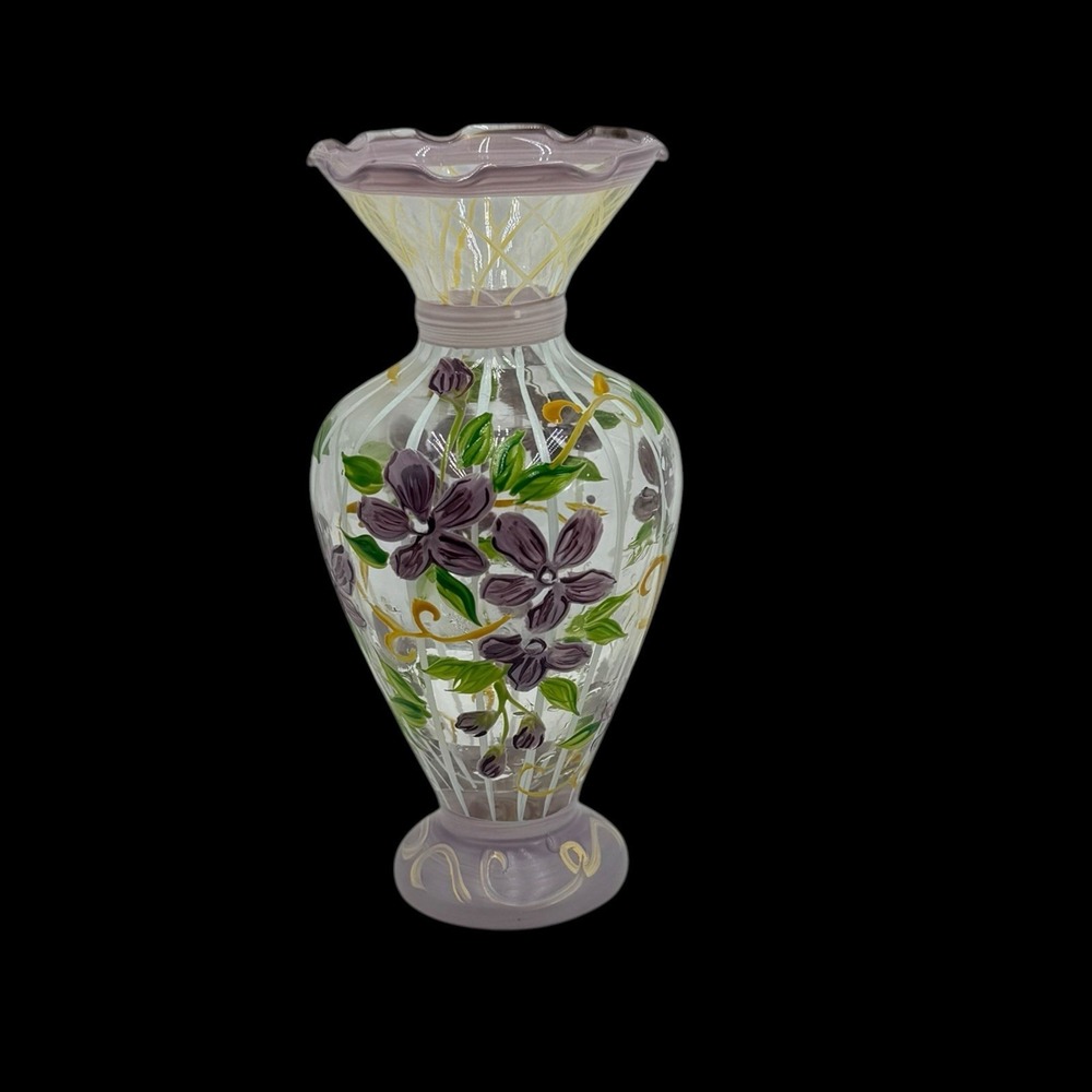 Tracy Porter Hand Painted Glass Purple Floral Bud Vase Ruffled Edge 6.5" READ